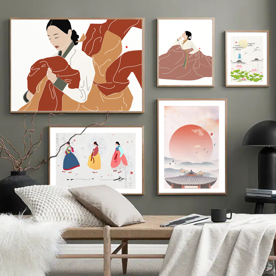 Modern Korean Lifestyle - สไตล์เกาหลีโบโฮฮันบกสาวเอเชียศิลปะความงามพิมพ์ภาพวาดผ้าใบโปสเตอร์สำหรับห้องนั่งเล่นตกแต่งบ้านโมเดิร์น